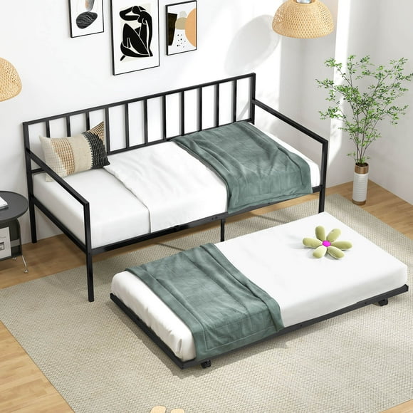 Costway Twin Metal Daybed Sofa Bed with Trundle & Lockable Casters for Living Room