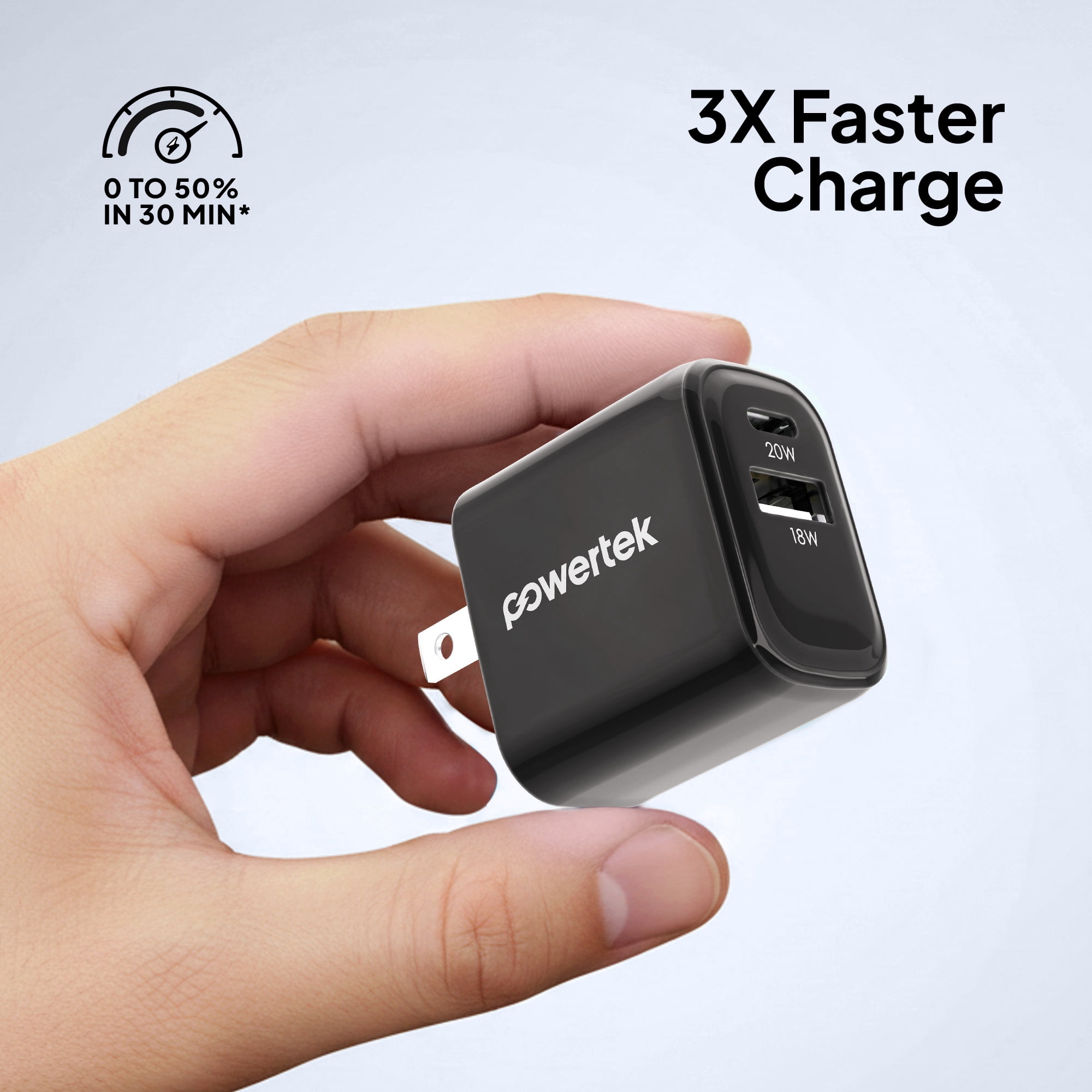Powertek Luxe 20W USB-C + 18W USB-A Fast Charging Dual Port Block, Gray, Compatible with iPhone, Android, Tablets & USB Devices, Compact Travel Adapter