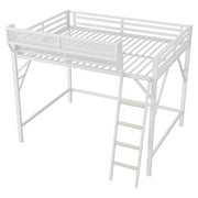 Queen Size Loft Bed with Storage, Metal Loft Beds with Upper Shelf, High Loft Bed Frame with Ladder, Lofted Queen Bed for Teens, White Loft Bed