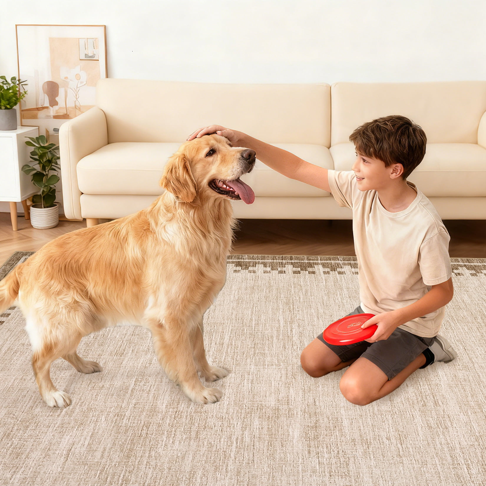 COZONY 10'x13' Modern Bordered Extra Large Area Rug, Non-Slip Washable Low Pile Carpet for Spacious Rooms, Linen
