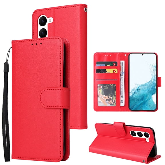 Samsung Galaxy S23 Case, Galaxy S23 Wallet Case, Business Simple PU Leather Detachable Wrist Strap Women Men Flip Phone Protective Case Cover  Samsung S23 5G (6.1 inch), Red