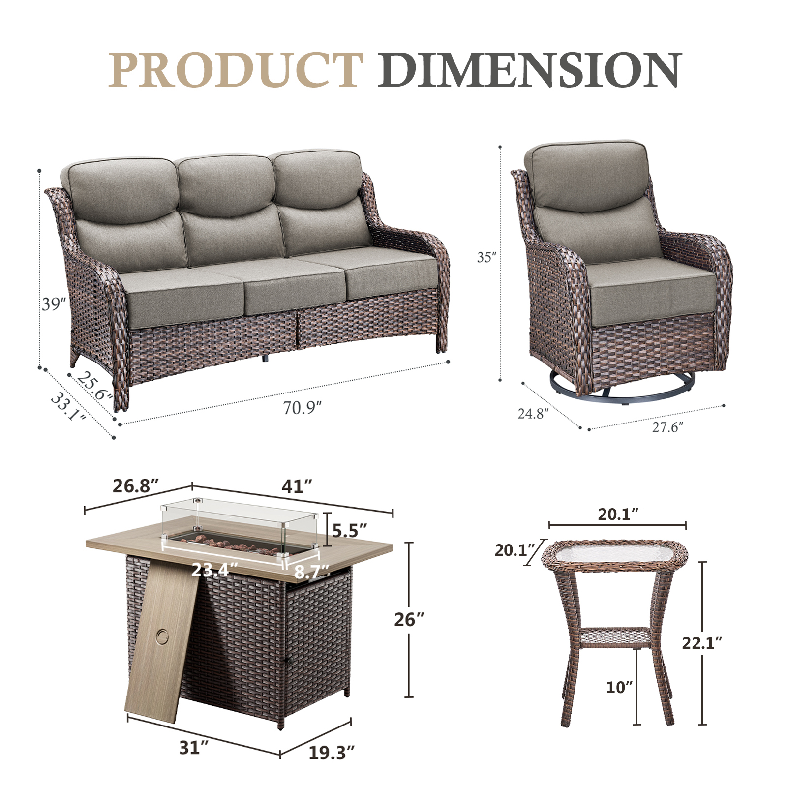 POCASSY Patio Furniture Set with 6-inch Extra Thick Cushion, 5 Pieces Outdoor Patio Furniture with Firepit Table, Swivel Chairs, and Sofa Couch, Outdoor Conversation Set for Porch Balcony