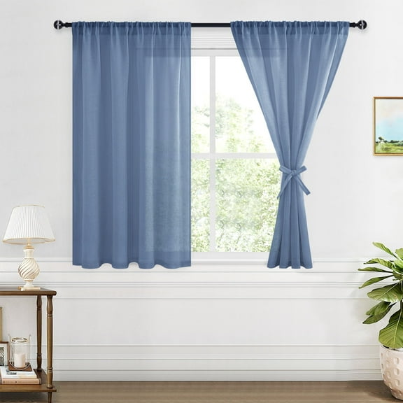 XWZO Linen Semi Sheer Curtains,Privacy Enhancing & Light Filtering Rod Pocket Drapes for Living Room with Tiebacks(Denim,W52 x L45 Inch,2 Panels)