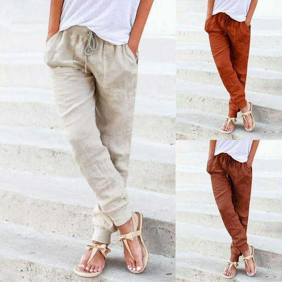 DDAPJ pyju Cotton Linen Pants for Women Lightweight Drawstring Jogge Athletic Pants Breathable Comfy Summer Beach Lounge Trousers with Pockets Gold XXL