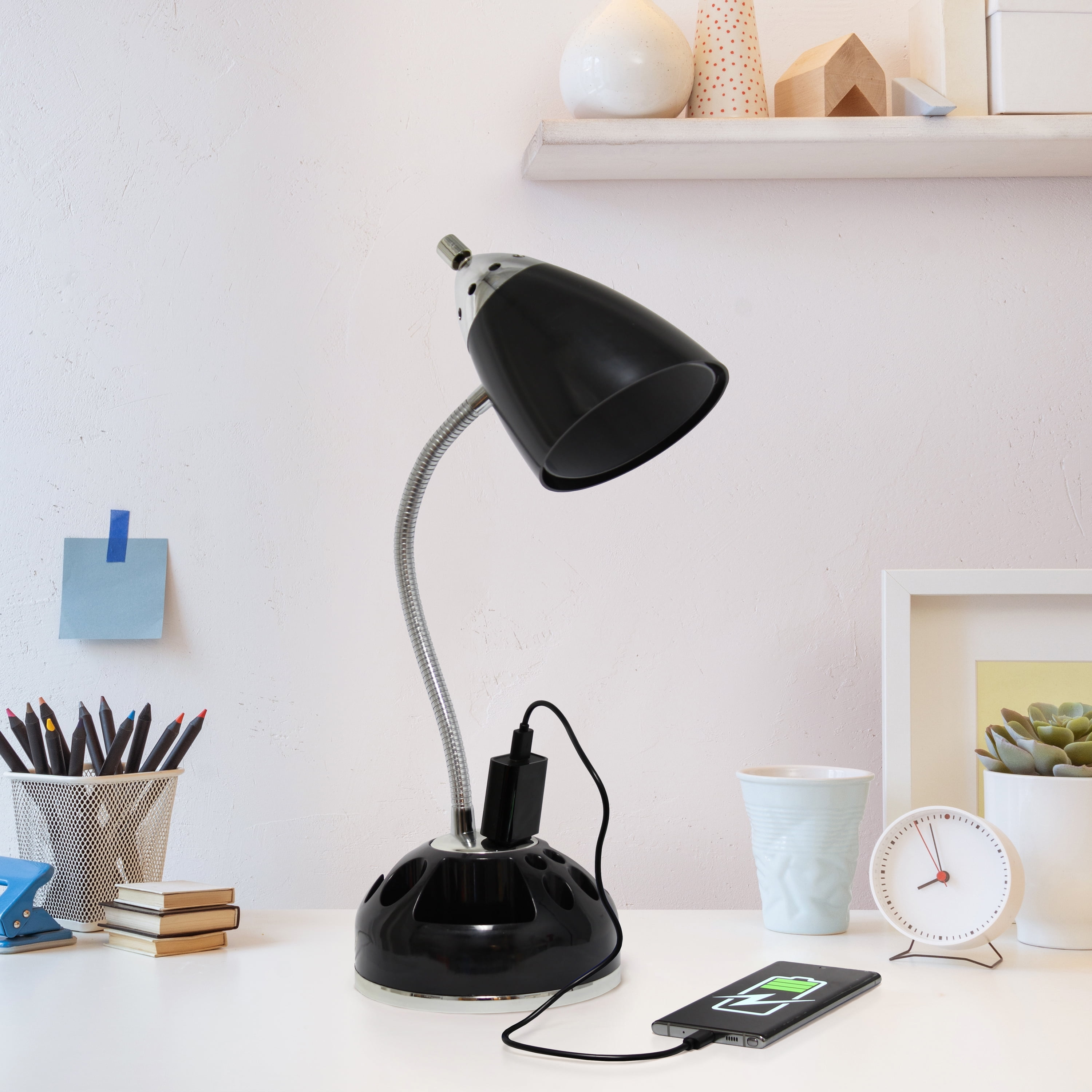 Creekwood Home 19.5" Basic Swivel Desk Lamp with Charging Outlet and Storage, Black