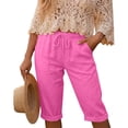 thumbnail image 4 of Qiopertar Women's Casual Drawstring Elastic Waist Faux Denim Capri Pants Solid Color Fashion Cropped Trousers Relaxed Fit Spring Summer Comfy Pants, Hot Pink XL, 4 of 6