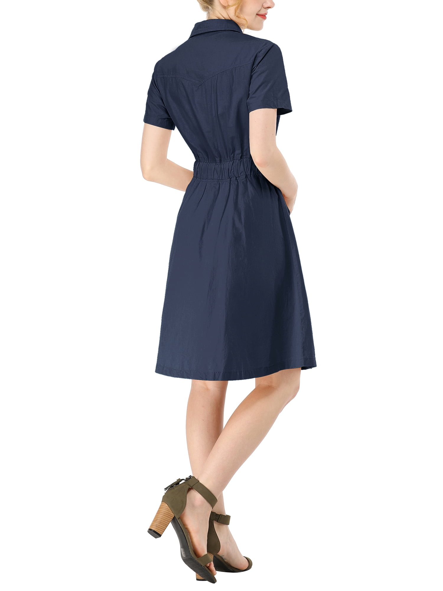 DARING DIVA Collar Elastic Waist Above Knee Dress with Pocket XL Blue