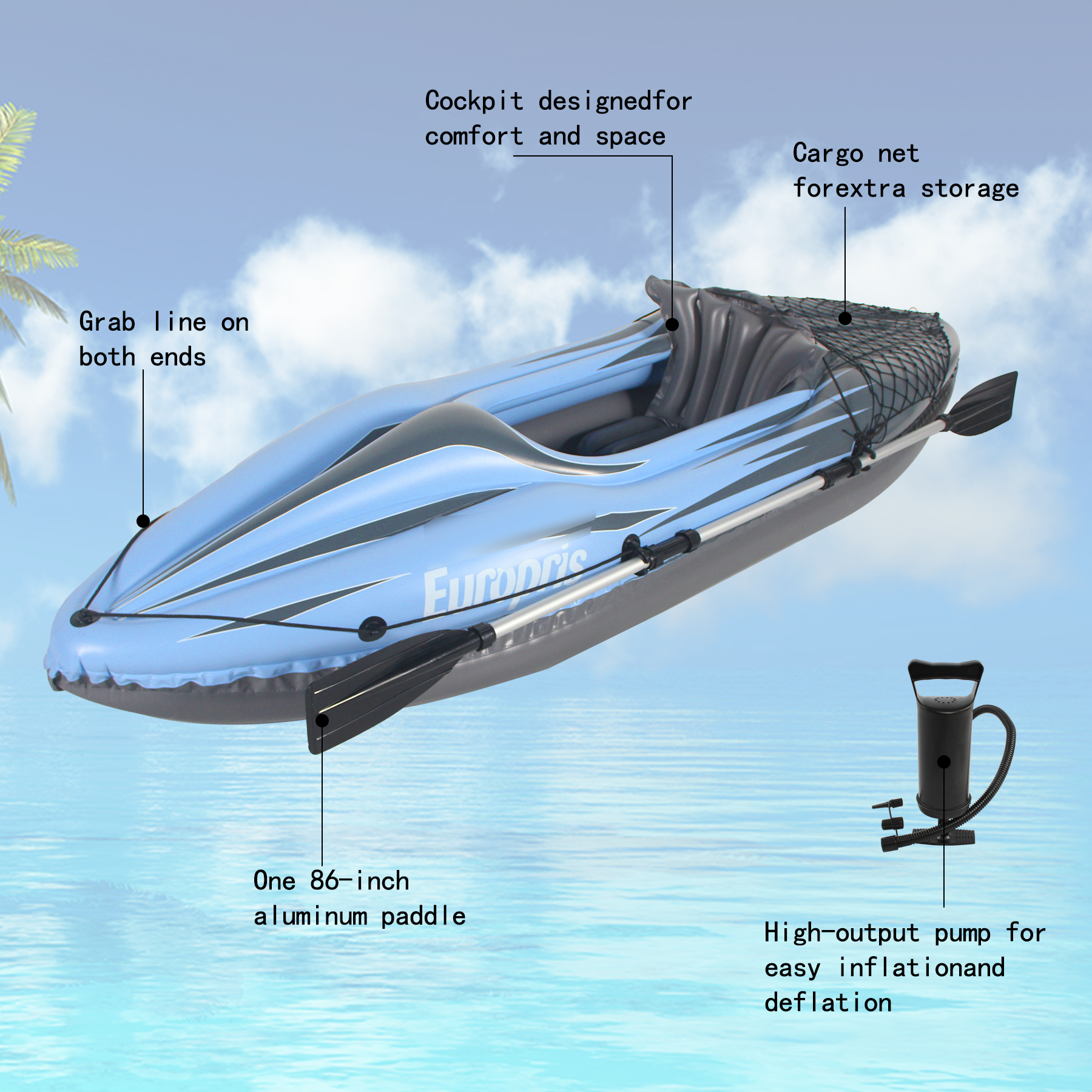 Inflatable Kayak 1 Person Adult Canoe with Adjustable Seat, Aluminum Oars & Hand Pump, Blue