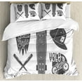 thumbnail image 1 of YOLO King Size Duvet Cover Set, Baseball Bat Skateboard and Bicycle Silhouette Greyscale Sports Pattern, Decorative 3 Piece Bedding Set with 2 Pillow Shams, Charcoal Grey and White, by Ambesonne, 1 of 3
