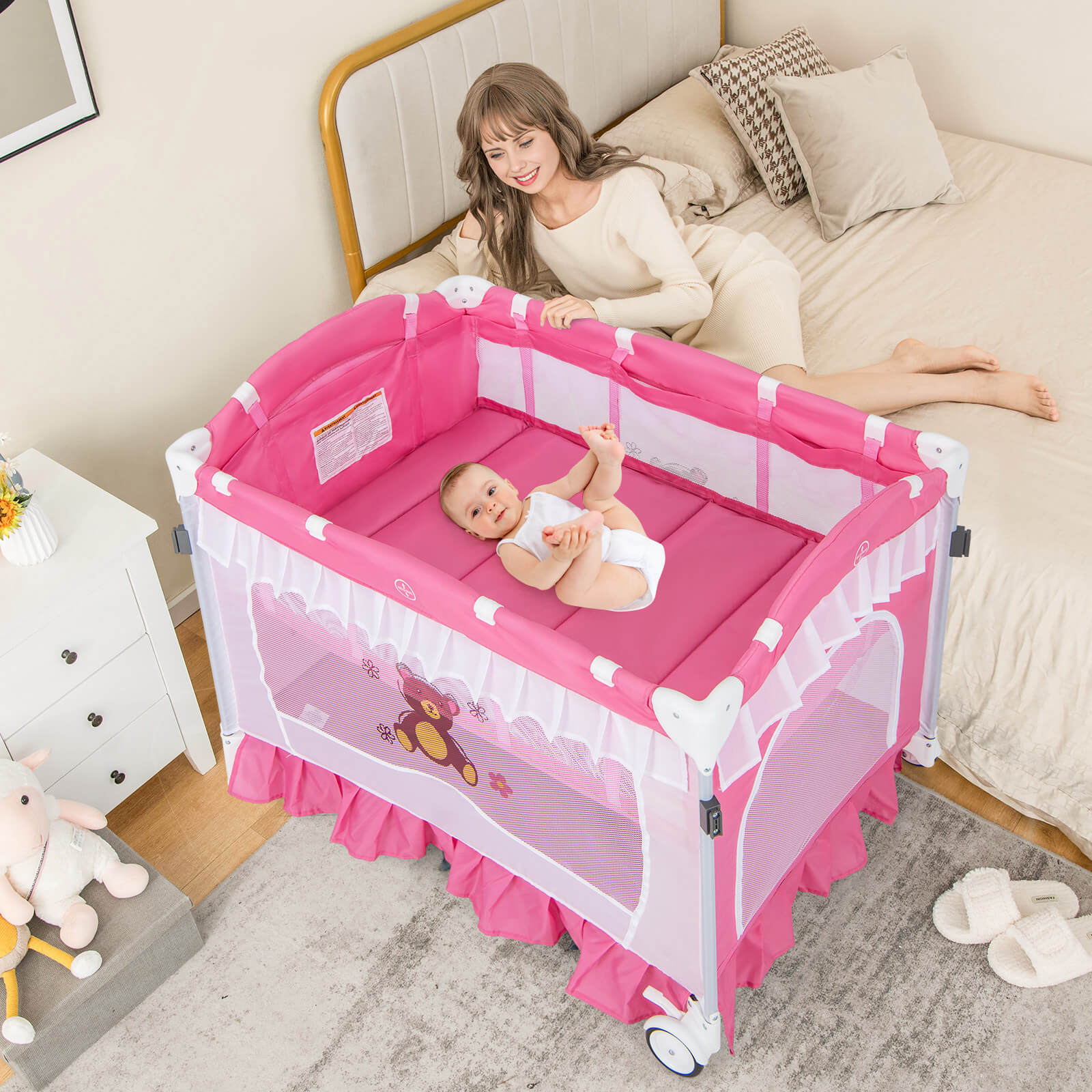 Costway 4-in-1 Baby Playard Crib with Changing Table, Pink photo 5
