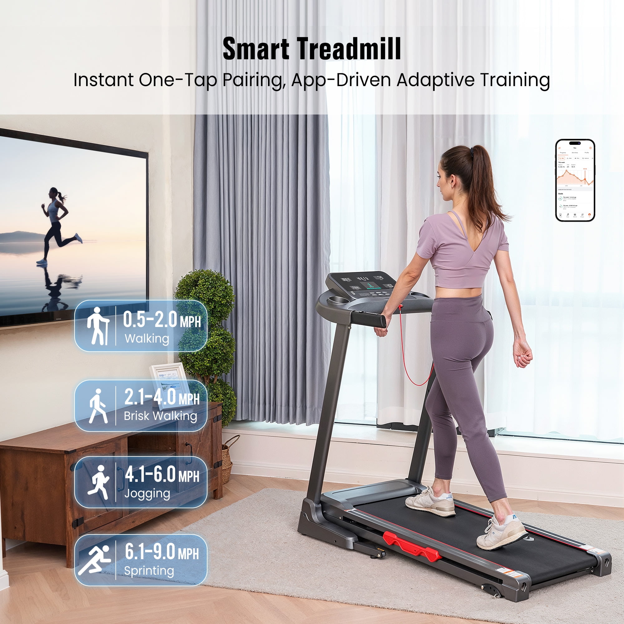 Naipo Treadmill for Home with 3 Level Manual Incline Smart APP USB Charging Foldable Running Electric Treadmill Gym