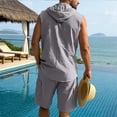 thumbnail image 4 of HBGVBA Mens Summer Set Solid Color Loose Linen Pocket Elastic Waist Shorts Button Hooded Tank Top Shirt 2 Piece Beach Set, 4 of 5