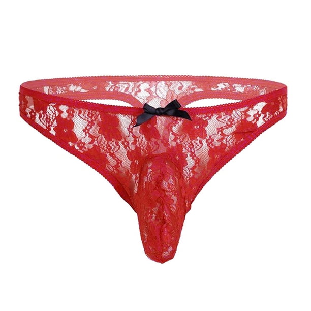 Gibobby Conjuntos de Lencería Calzoncillos T-back Ropa interior Hombres Encaje Floral Lencería Bikini Semi transparente Íntimos(Rojo, M)