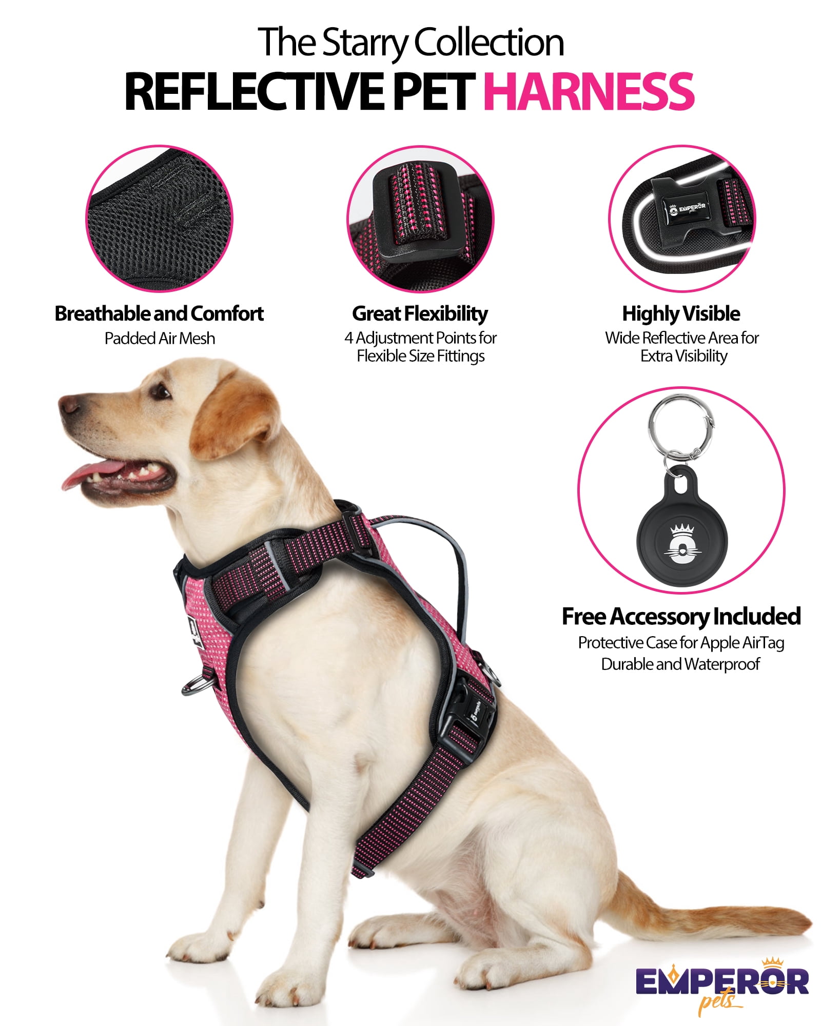 Emperor Pets Pink Reflective Dog Harness Small Sized Dog - No Pull Dog Harness with 2 Leash Clips, Premium Oxford Soft Padded Puppy Harness, Small Dog Harness (S, Pink)