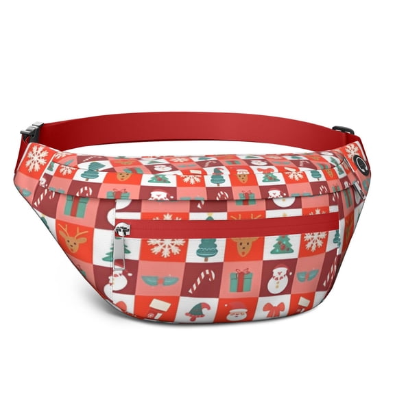 Fanny Pack Red Christmas Santa, Tree and Snowflake Pattern Waist Pack Bag,Running Cross Bag,Waterproof Large Fanny Packs for Women Men for Travel Running Hiking Cycling