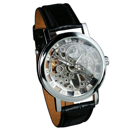 Hand Winding Mechanical Wrist Watch Silver Skeleton Black Leather 