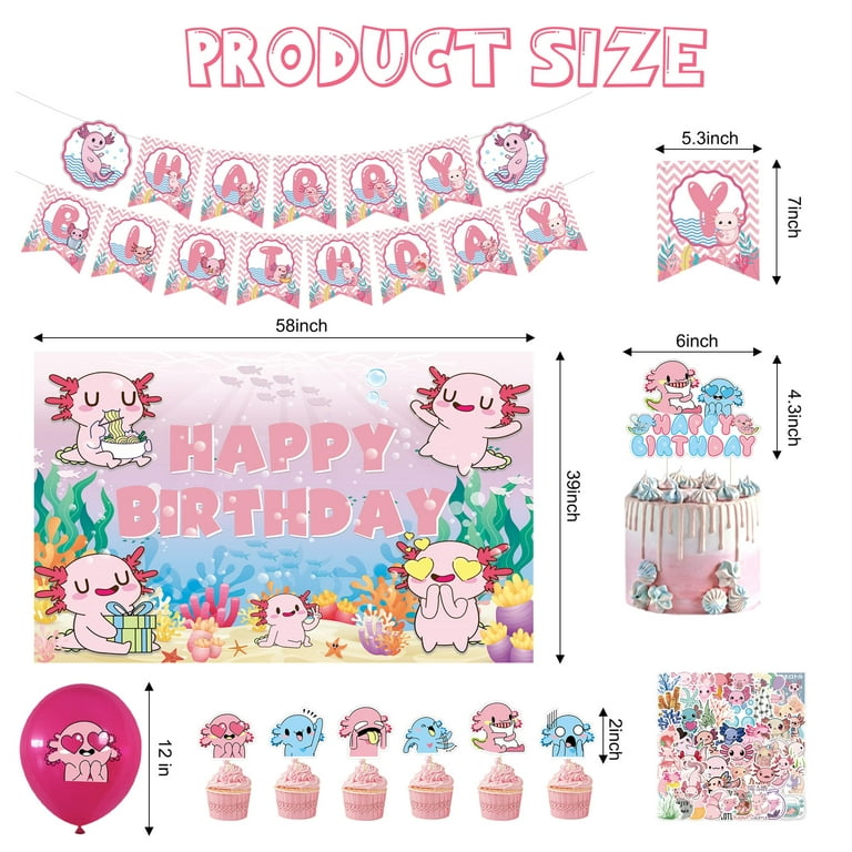 Axolotl Birthday Decorations - Birthday Themes for Girls Party Supplies  Include Banner,Cake Topper, Axolotl Birthday Backdrop,Cupcake Toppers,Balloons,Stickers,  Cartoon Theme Party GP27 Pack for Kids 