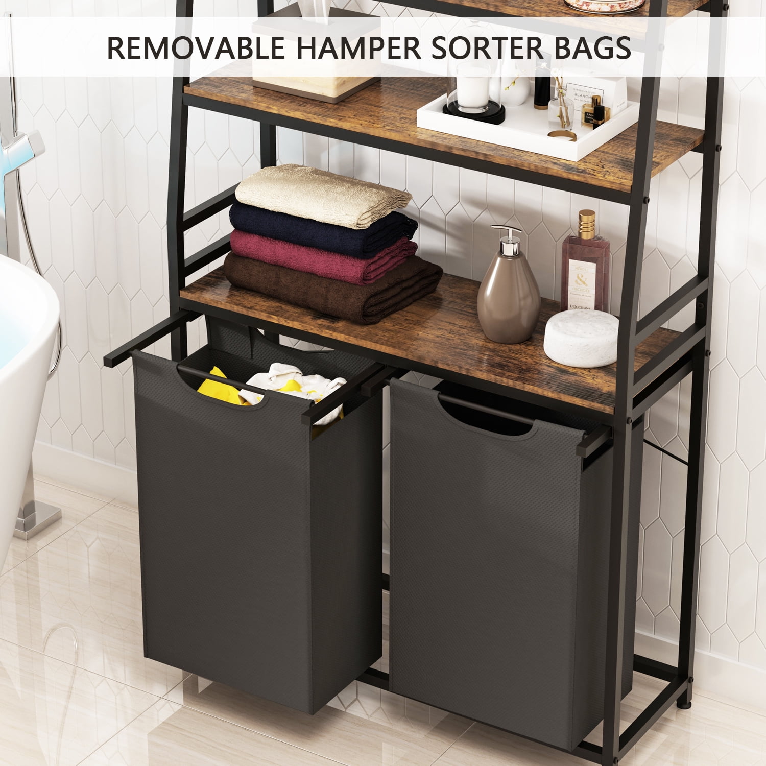 LENLN Laundry Hamper, Laundry Basket Sorter with 4 Tiers Shelf and Hooks, Double Clothes Hampers for Bathroom, Bedroom