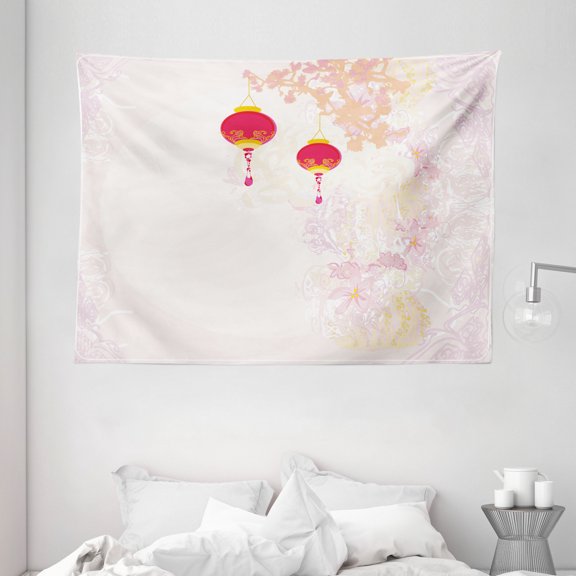 Lantern Tapestry, Abstract Image Depicting Chinese New Year Old Paper Celebration Lively Colors, Wall Hanging for Bedroom Living Room Dorm Decor, 80W X 60L Inches, Pink Pale Pink, by Ambesonne