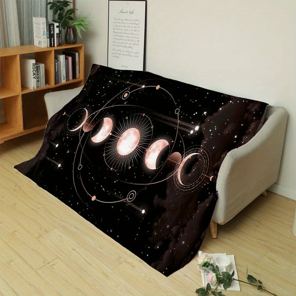 Multicolor Moon Phase Fleece Blanket - Soft Polyester, All-Season Home Comfort, Luxurious Textured Lines, Ideal for Christmas and Halloween Gifts, Contemporary Style