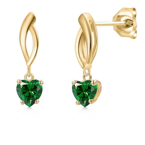 Gem Stone King 10K Yellow Gold Green Zirconia Dangle Earrings for Women | 0.88 Cttw | Gemstone Birthstone | Heart Shape 5MM