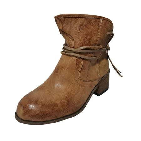 

Mackneog Women s Winter Squared Heel Vintage Round Toe Lace Up Ankle Boots Gift on Clearance