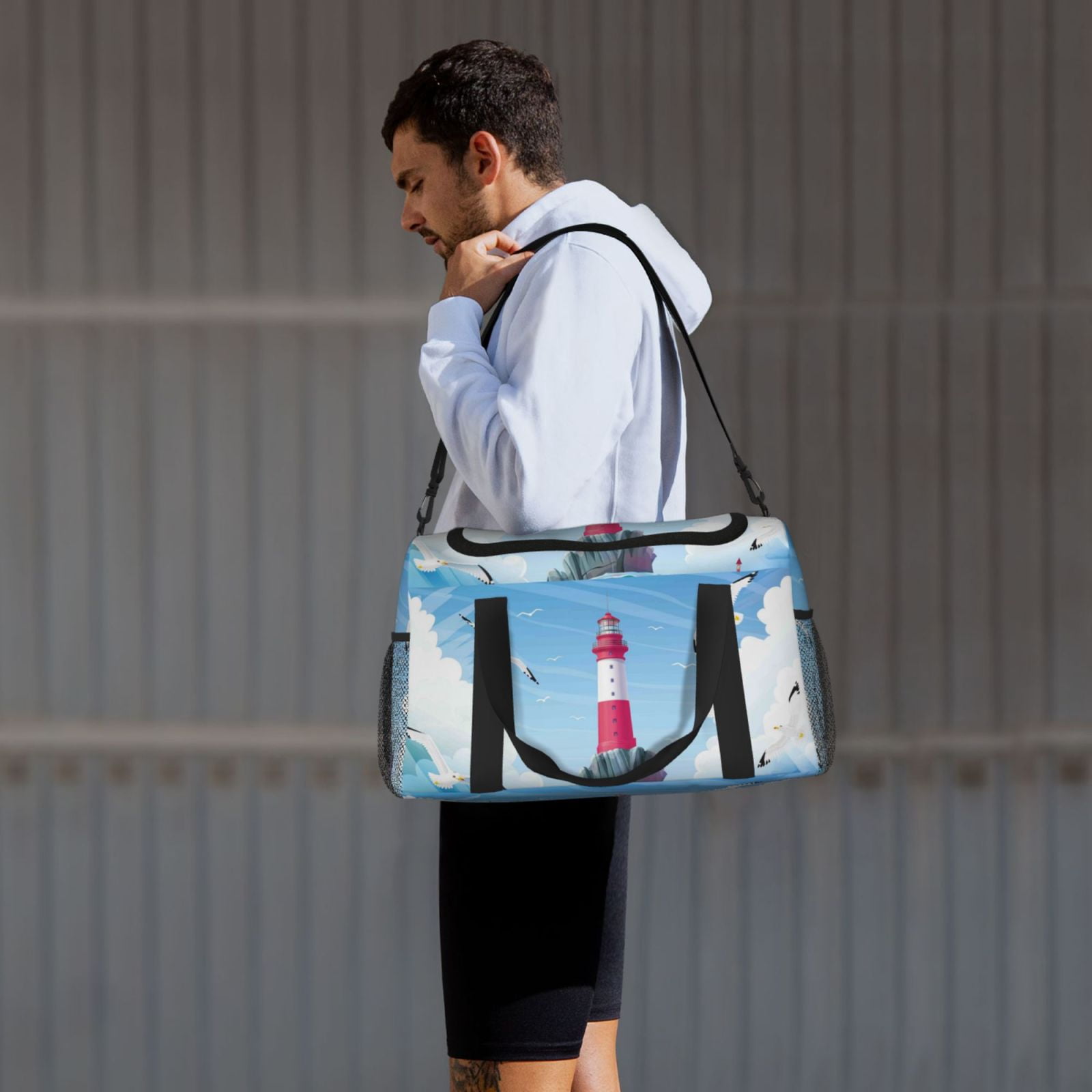 Defioc Lighthouse Sea Port Print Hand Travel Bag - Foldable Travel Duffel Bags for Men Women -Sport Gym Bag - Overnight Travel Duffel Bag - Adjustable Shoulder Strap