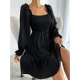 thumbnail image 2 of Women'S Square Neck Lantern Long Sleeve Ruffle Shirred Flowy Party Mini Dress Black L, 2 of 7