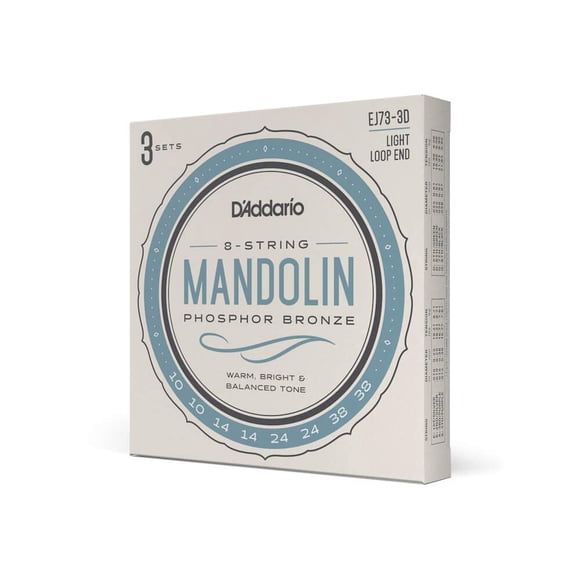 D'Addario Mandolin Strings, Phosphor Bronze, EJ73-3D, Light Gauge 10-38, 8-String Set, Pack of 3