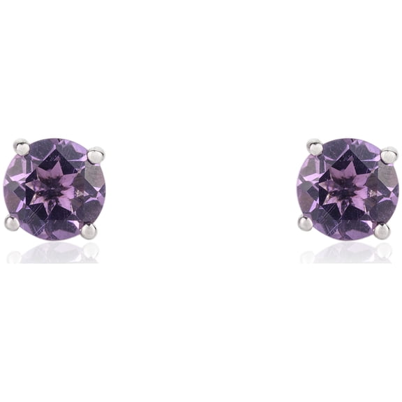 14K Solid White Gold Amethyst Solitaire Studs- Round Cut Gemstone Stud Earrings