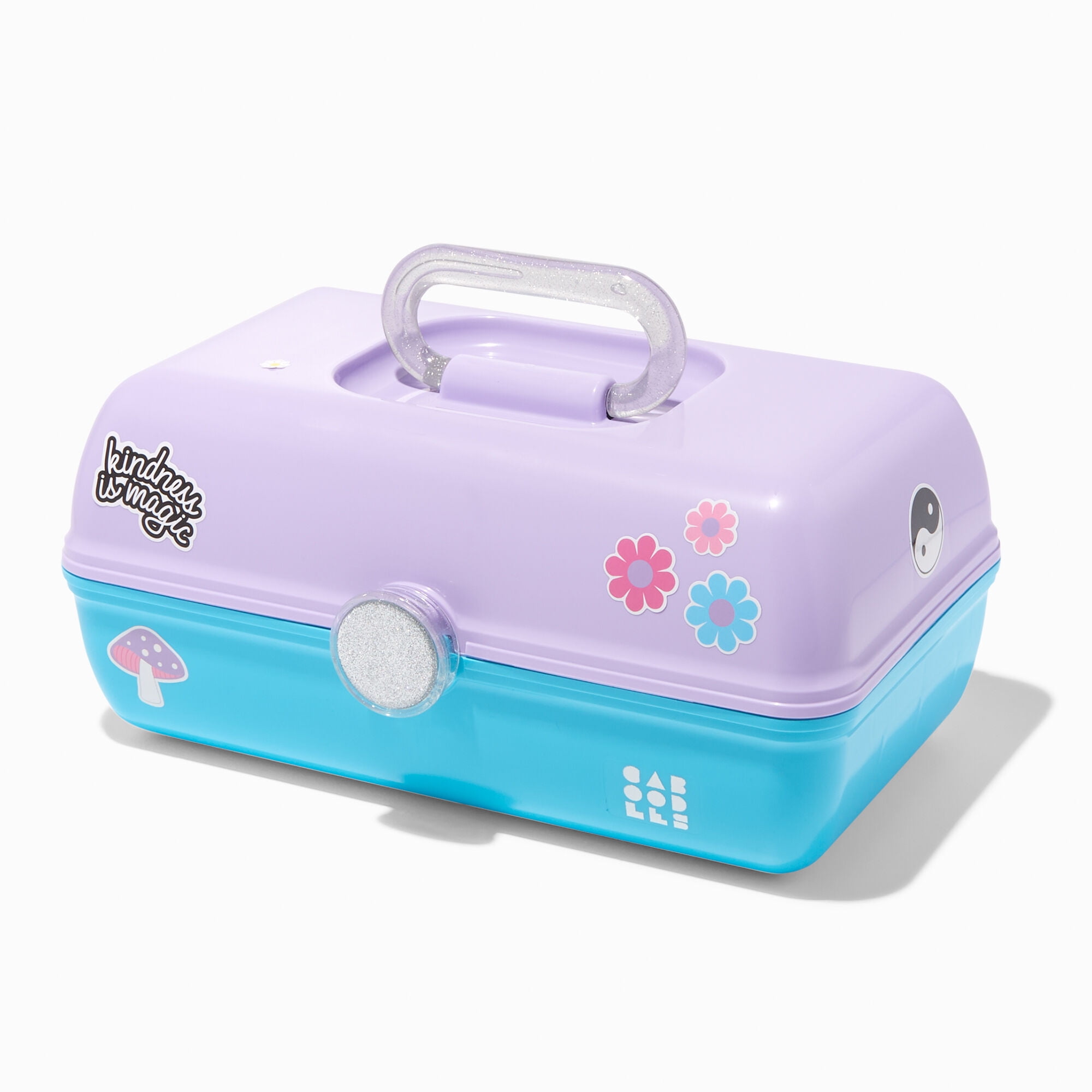 Claire's Features - Caboodles Makeup Case Large On the Go Girl  - Travel Cosmetic Organizer with Mirror - Lavender & Blue with Glitter Gold  Handle: 13 x 7.4 x 6 