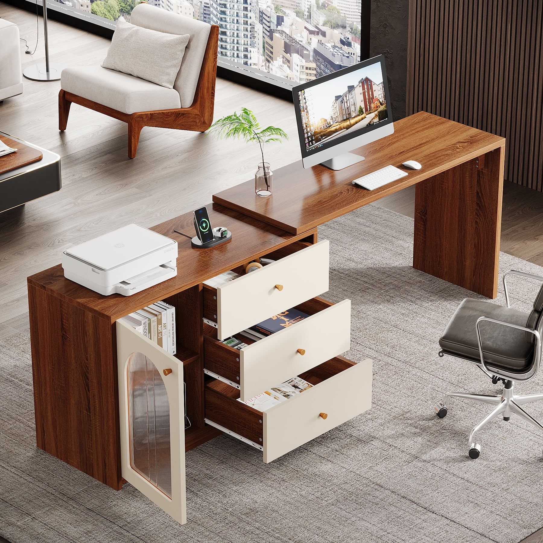 Tribesigns L Shaped Computer Desk with Drawers, Modern Corner Home Office Desk with Reversible Storage Cabinet, Rustic Brown & White, 1 Count