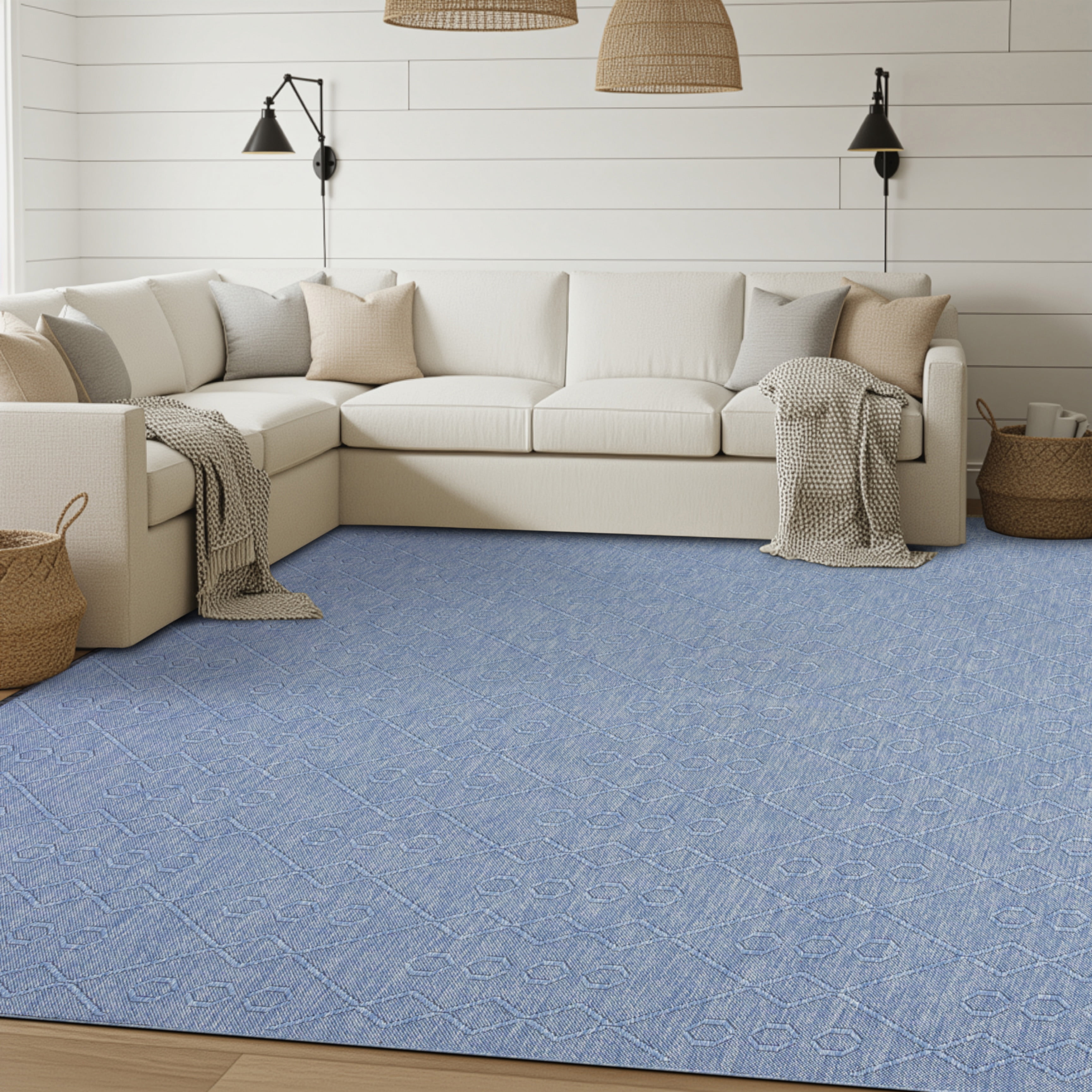 Alma Transitional 5' x 7' Blue and Azure Blue, Machine Washable Polyester & Cotton Indoor Area Rug