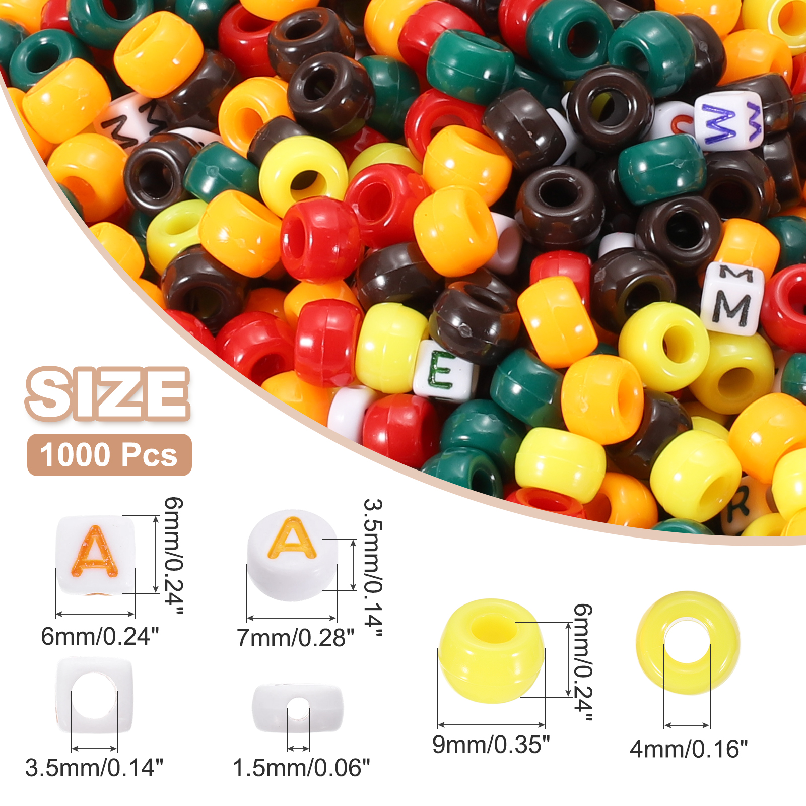 Uxcell 1000 Pcs Pony Beads 6 x 9 mm Acrylic Friendship Bracelet Making Kit with Letter Bead, Yellow/Brown/Green