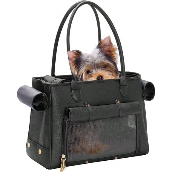 Fashion Pet Carrier Purse for Small Cat and Dog Luxury Pu Soft-Sided Tote Bag with Large Pockets for Dogs and Puppies Black 15.8 L x 7.5 W x 11.8 H