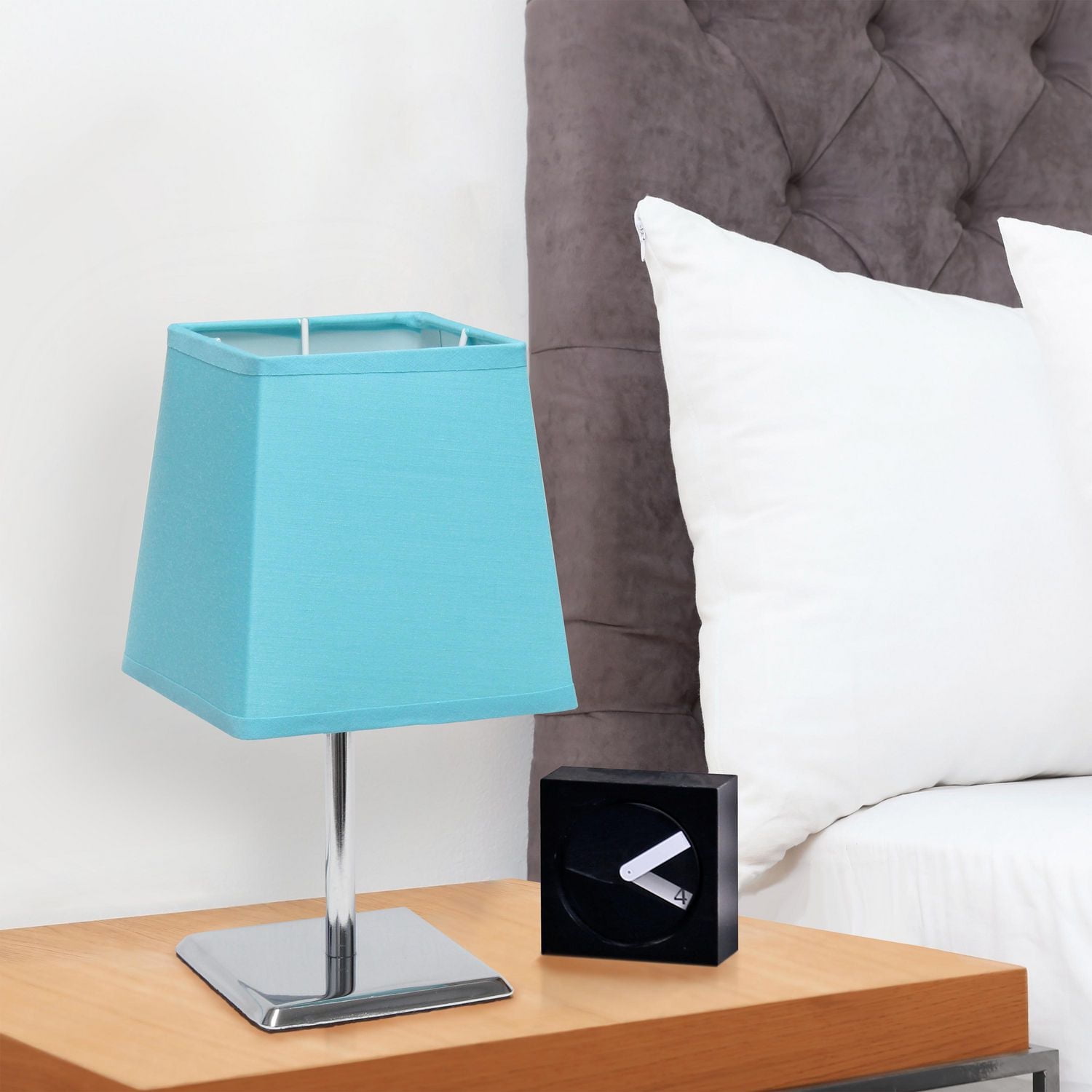 Simple Designs Mini lampe de table chromée avec abat-jour carré en tissu Empire