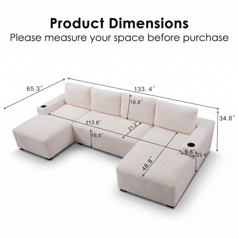 Anpport 133" Boneless Cloud Modular Sectional Couch, Corduroy Sofa with Cup Holders, Side Pockets, Deep Seat, No Assembly Required for Living Room, White (U‑Shaped)