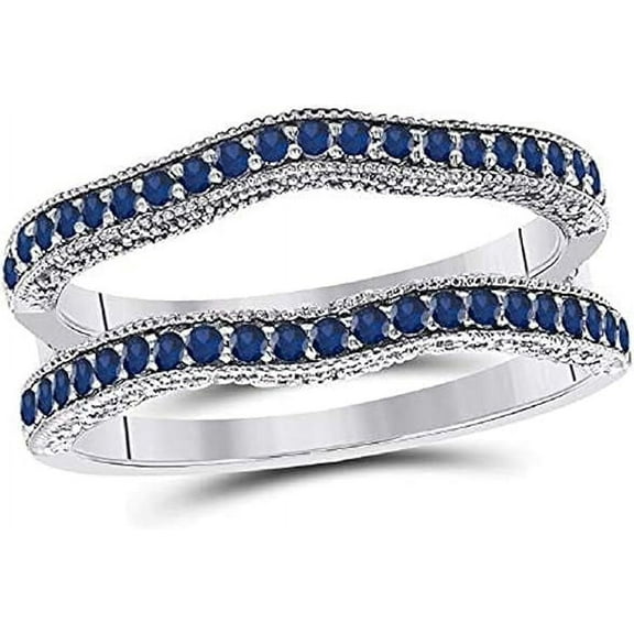 beryl_creation 925 Sterling Silver 2.40 Ct Round Cut Blue Sapphire Enhancer Wrap Guard Engagement Wedding Women's Ring 14k White Gold Finish