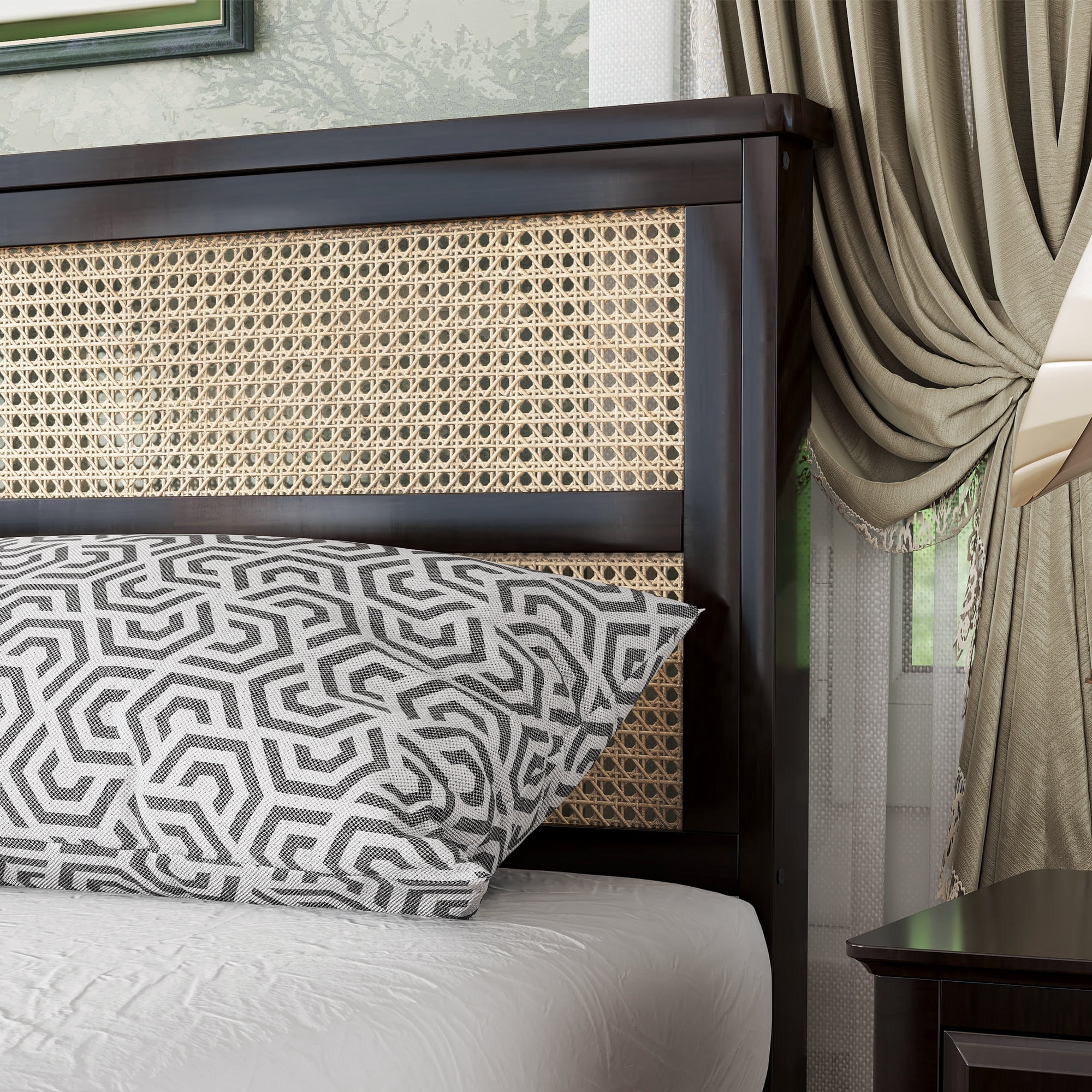 Miniyam Wood Queen Size Bed with with Rattan Headboard for Adult, Espresso