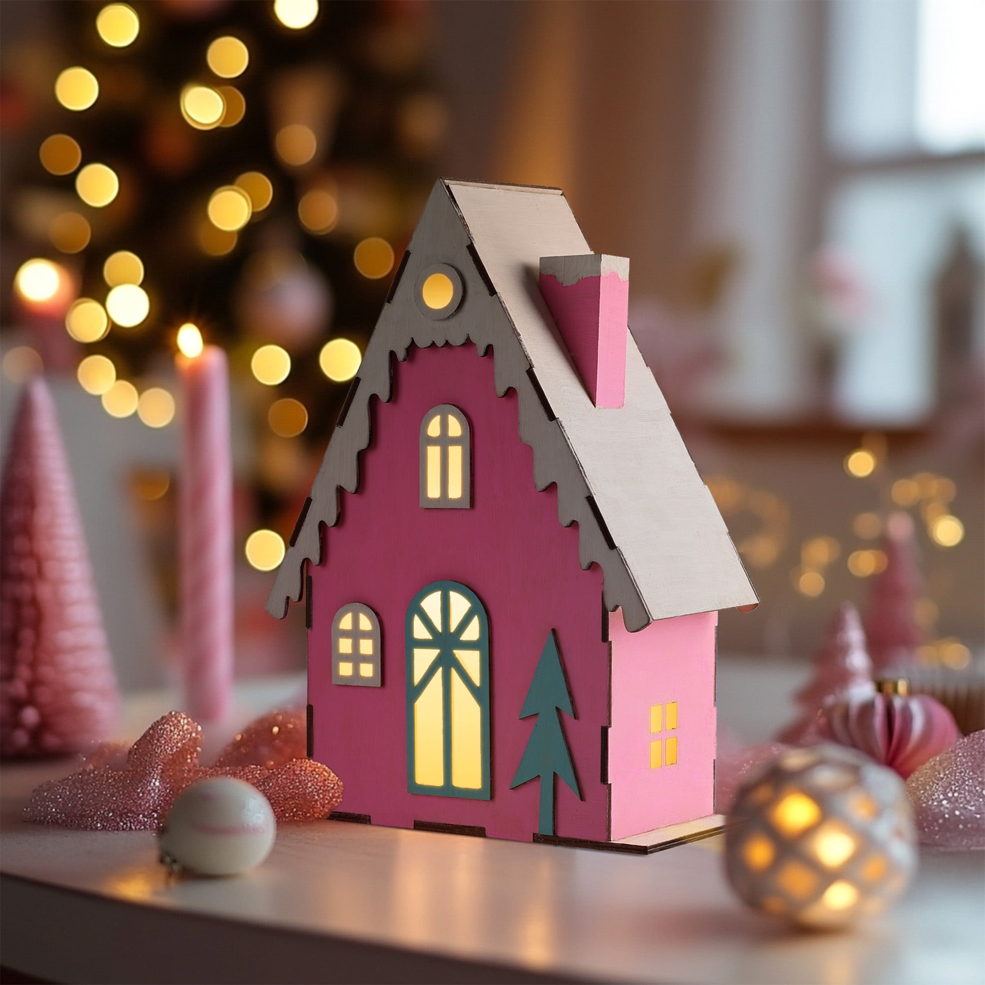 LED Light Up House and Paint Kit, 6.4 x 10 x 3.7 Inch, Wooden Decoration, Unisex,Christmas