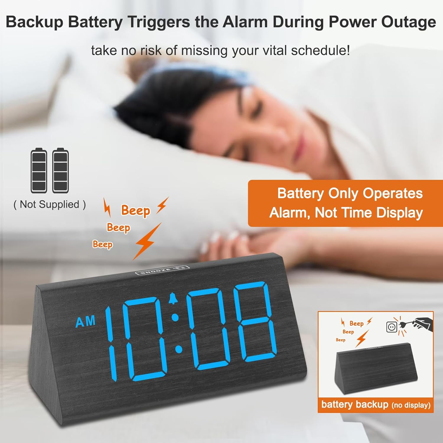 DreamSky Wooden Digital Alarm Clocks for Bedrooms - Electric Desk Clock with Large Numbers, USB Port, Loud Alarm for Heavy Sleepers, Adjustable Volume, Dimmer, DST, Wood Décor Gifts, Adapter Powered