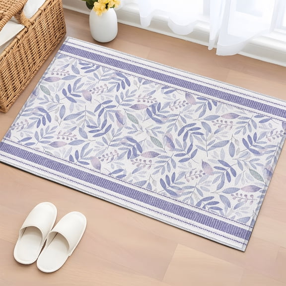 Purple Flowers 2'x3' Washable Rug, Leaves Branches Abstract Lines Linen Non-Slip Soft Doormat Area Rugs for Entrance Bathroom Bedsides, Front Doormat Carpet for Kitchen Bedroom, Entryway Floor Mat
