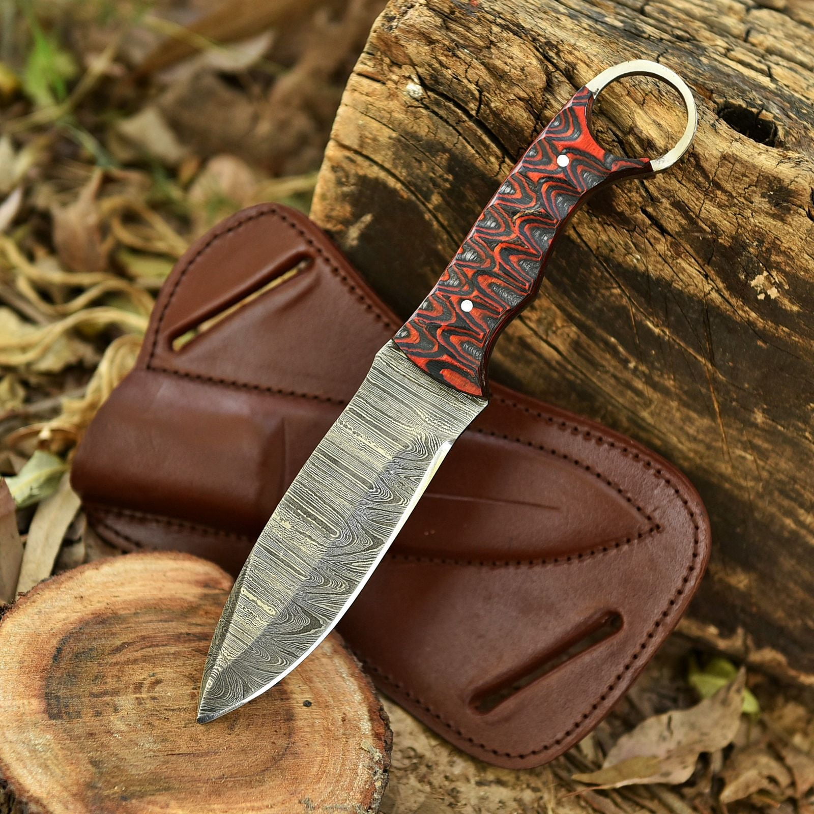 Damascus Steel Hunting Knife with Wooden Handle & Finger Ring, Fixed Blade Knife with Leather Sheath, Outdoor Camping Survival Knife