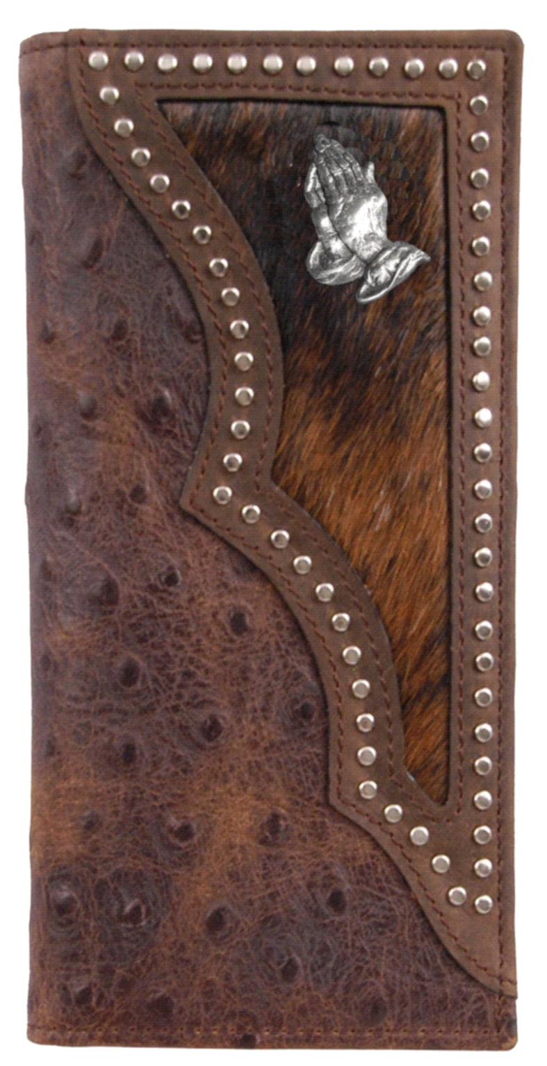 Proudly made in the USA. Custom Praying Cowboy Church Concho on a Black Harness Leather Trifold Wallet