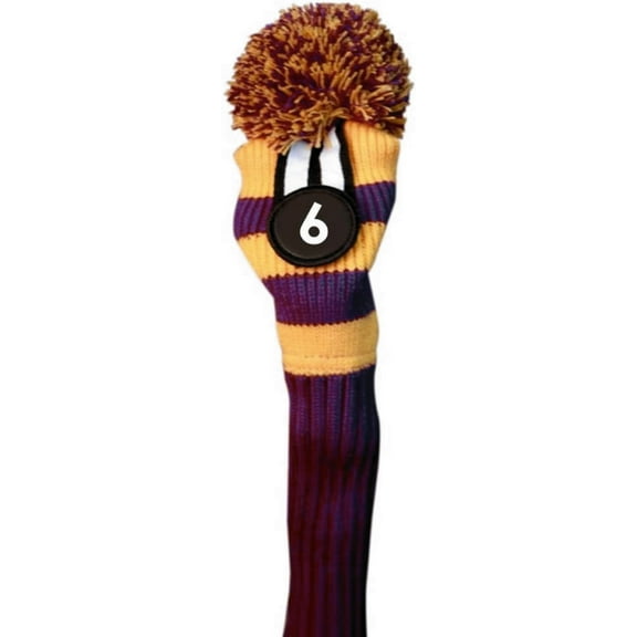 Majek #6 Hybrid Rescue Utility Purple & Yellow Golf Headcover Knit Pom Pom Retro Classic Vintage Head Cover