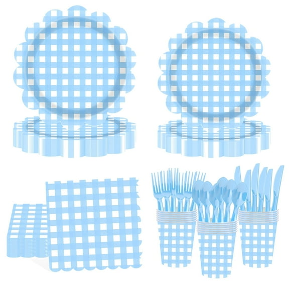 Gingham Party Supplies Gingham Paper Plates and Napkins Knives Spoons Forks Cups Disposable Party Set for Picnics Dinner Shower Wedding  for 25 Guest Blue