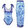 thumbnail image 4 of WREESH Womens One Piece Swimsuits Beach Cover Ups Fashion Retro Print Tight Fitting Bikini Swimsuit Chiffon Overskirt Suit Sleeveless Bathing Suits Blue, 4 of 8