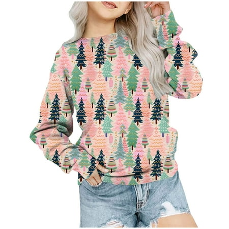 Christmas Fall and Winter Middle Big Girls Boys Hatless Stereoscopic Embroidery Print Long Sleeve Top Ugly Sweater on Clearance Gift Christmas Pink