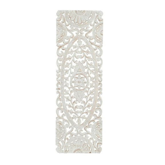 DecMode White Wooden Handmade Intricately Carved Floral Wall Decor with Copper Accents