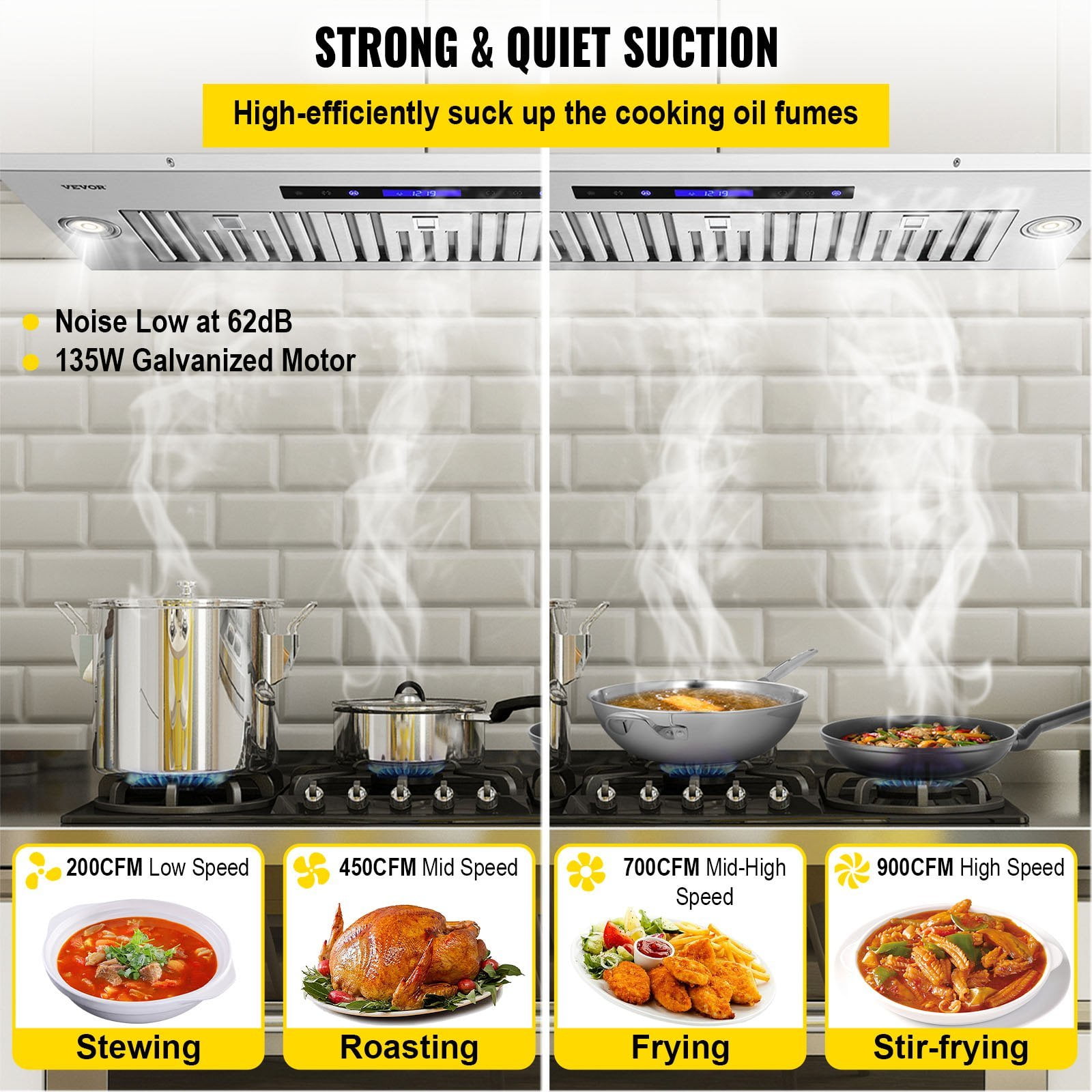 36-Inch 900CFM 4-Speed Built-In Stainless Steel Range Hood with Touch & Remote Control LED Lights Baffle Filters, Ducted/Ductless Convertible, ETL Listed